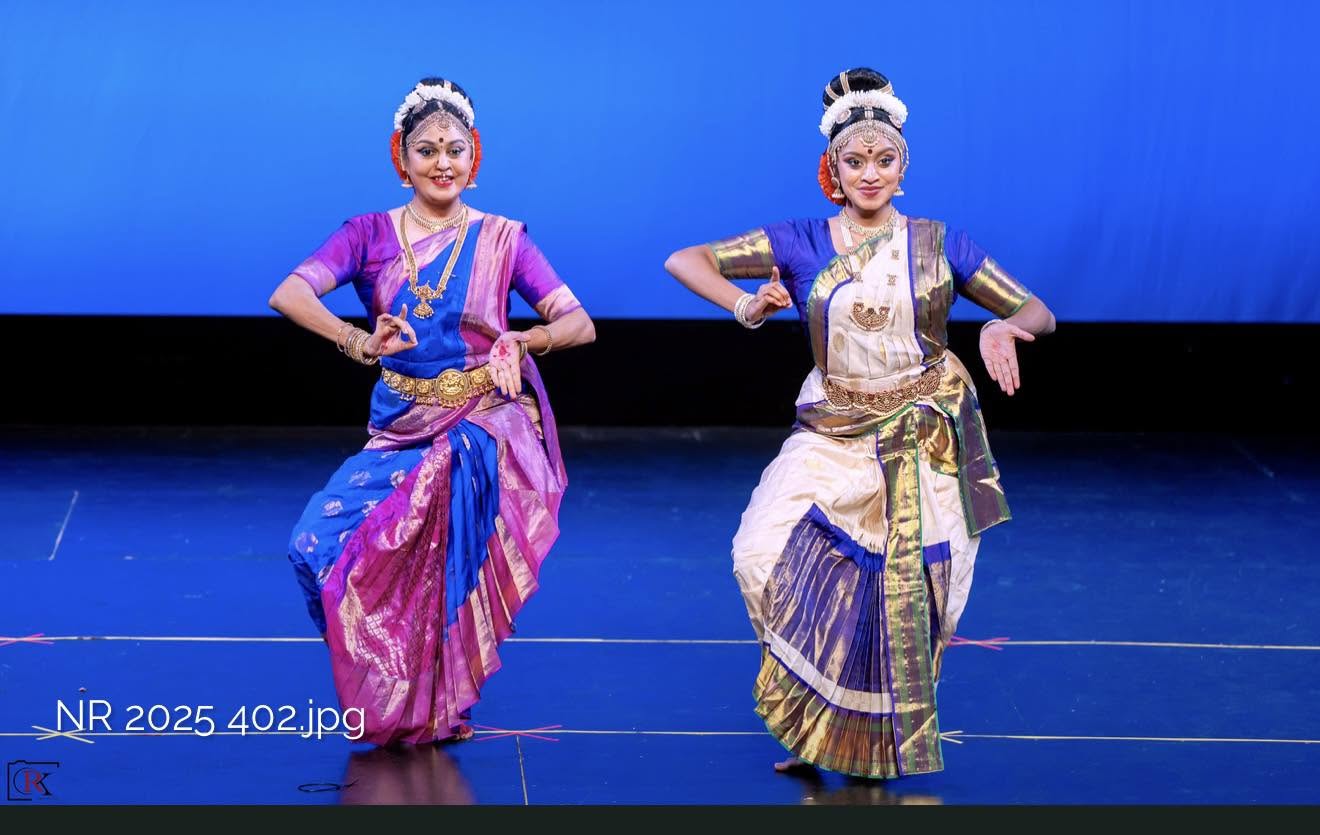 Guru Madhuri Kishore and an accomplished student performing Kuchipudi together